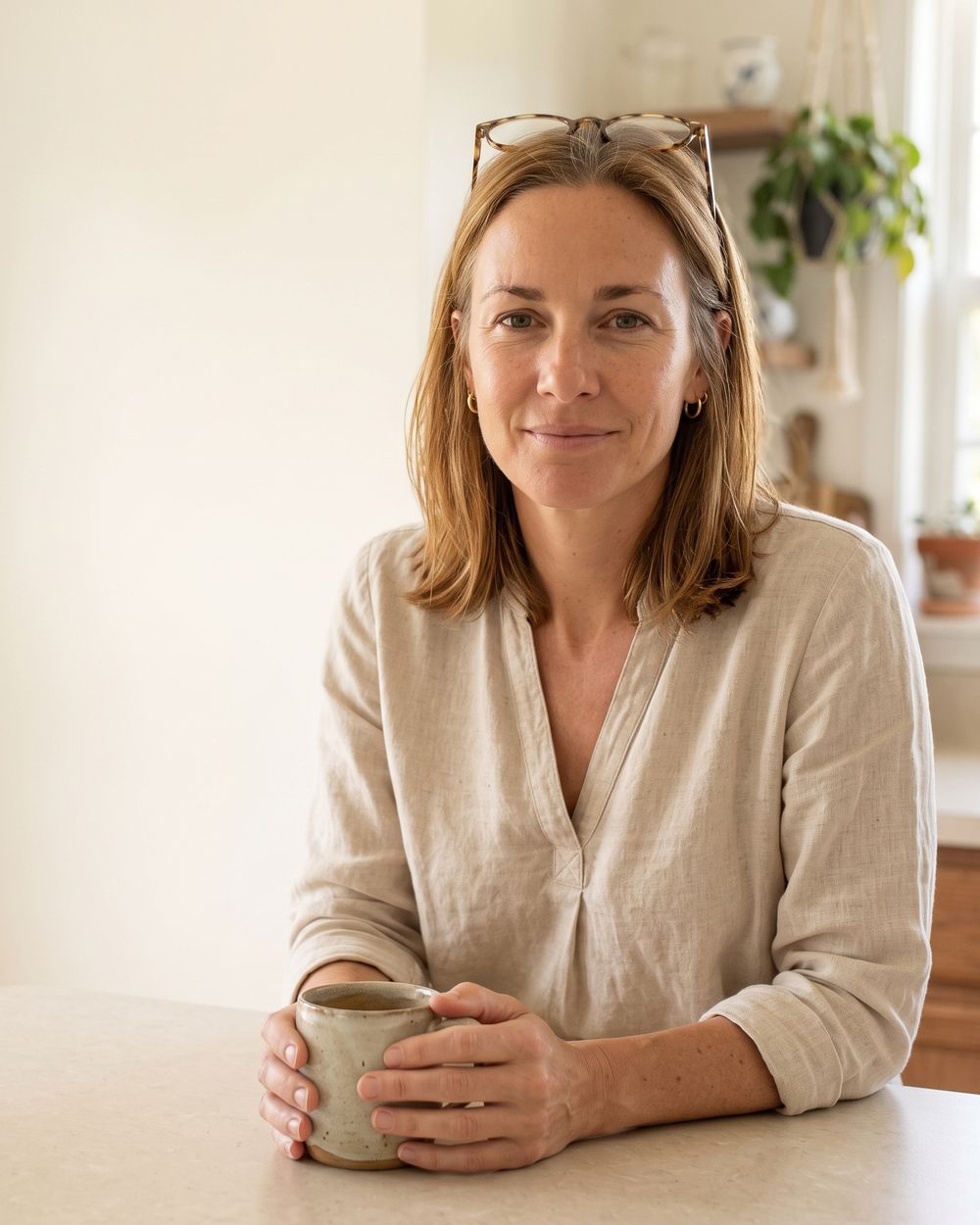 Kate at her kitchen counter with a mug of coffee and reading glasses on her head