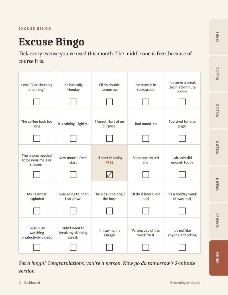 Excuse Bingo page