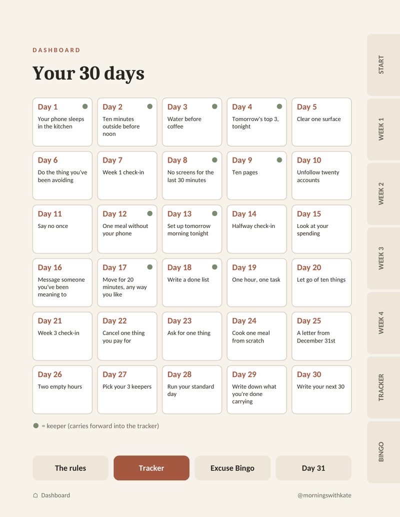 Dashboard page with all 30 days