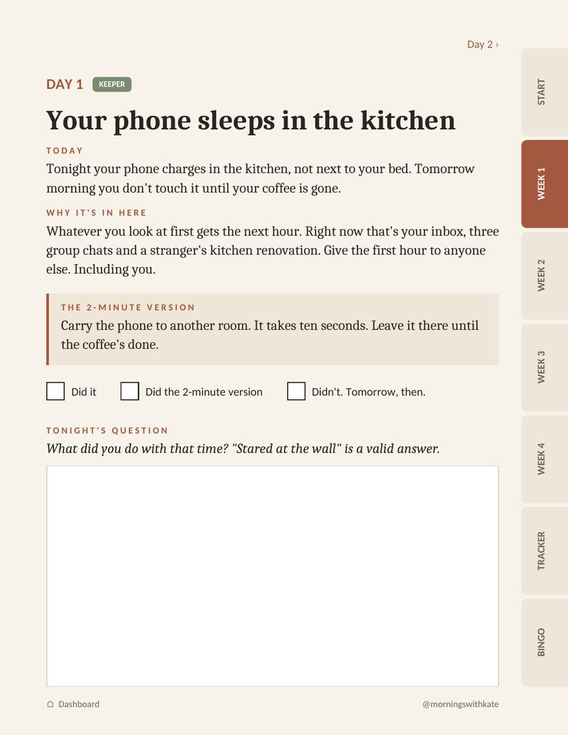 Day 1 page with checkboxes and a fill-in field